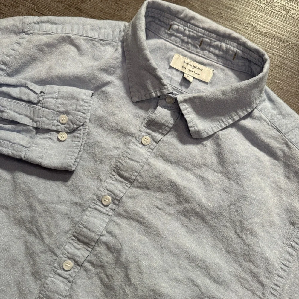 Banana Republic Shirt Men XL Blue Linen Blend Slim Costal Resort Summer Vacation